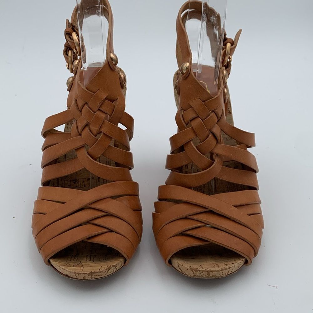 Coach brown leather basket weave heels stacked wooden heels women’s 5.5 B - Picture 7 of 12